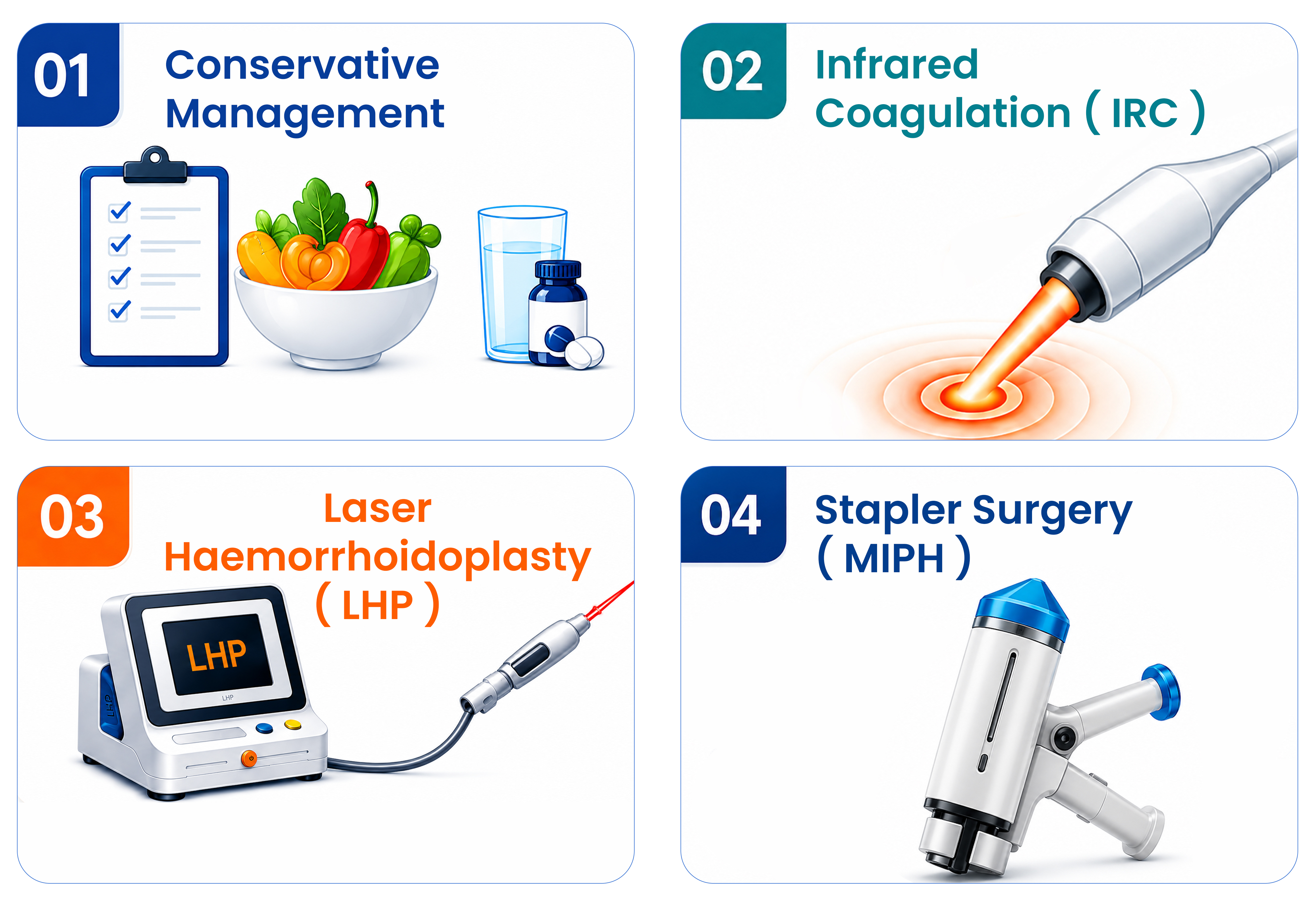 Infographic showing four hemorrhoid treatment options: conservative management with diet and medication, infrared coagulation (IRC), laser hemorrhoidoplasty (LHP), and stapler surgery (MIPH).